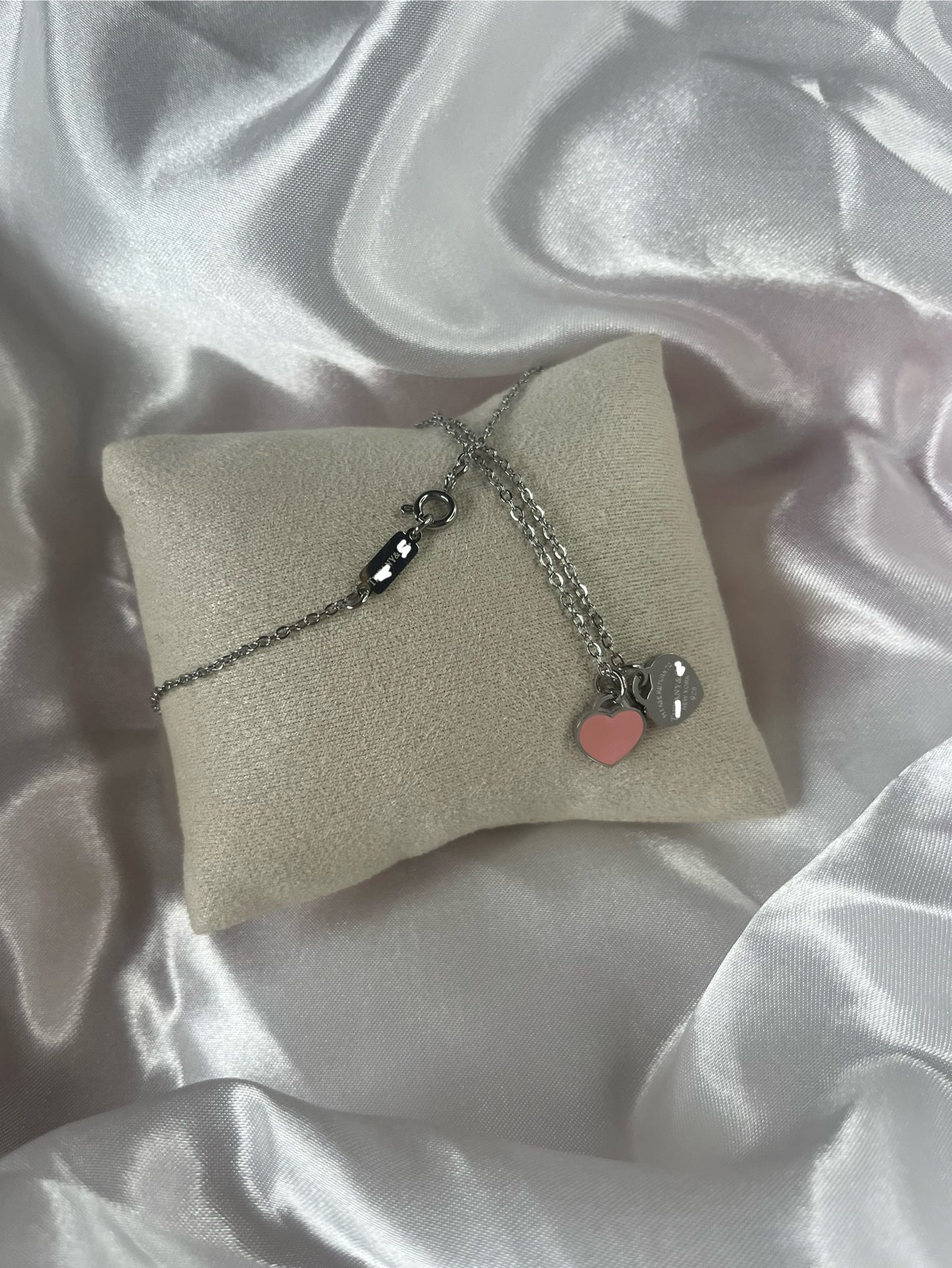 Silver 2 heart pink tiff necklace