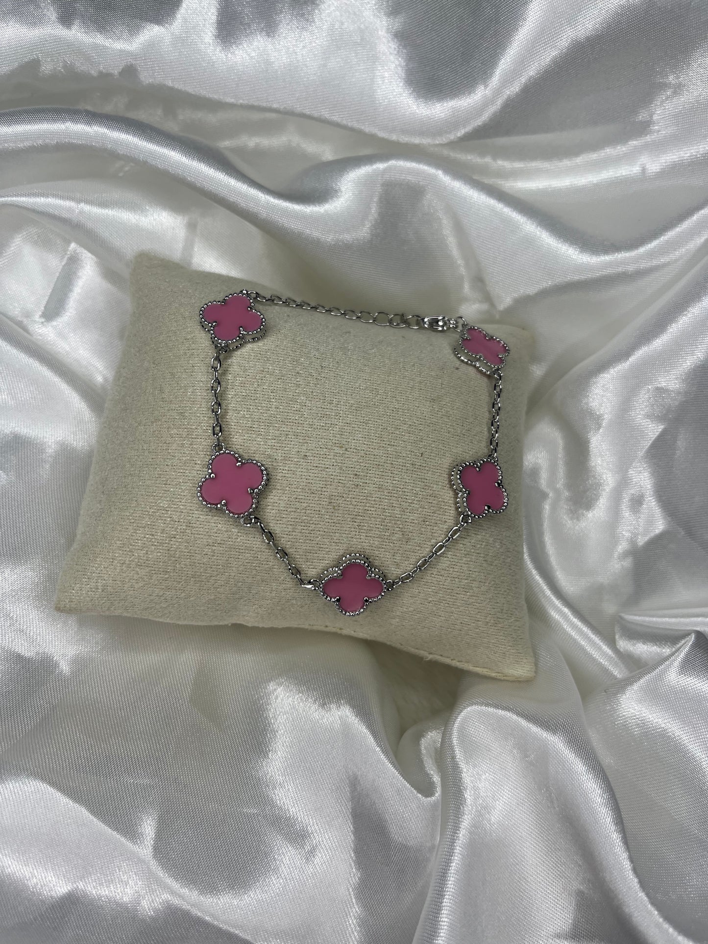 Silver pink or white clover bracelet