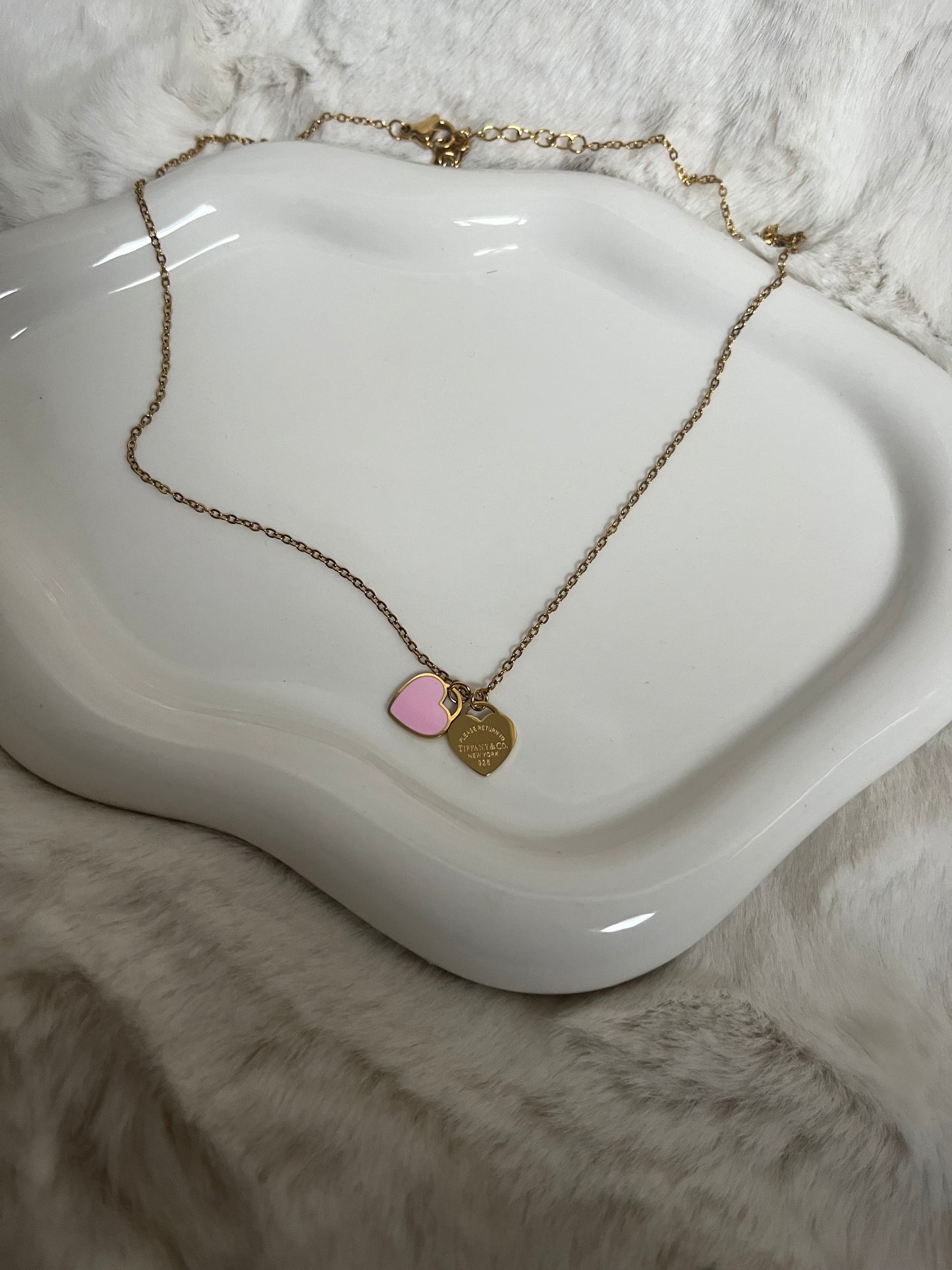 Gold double 2Heart tiff pink necklace