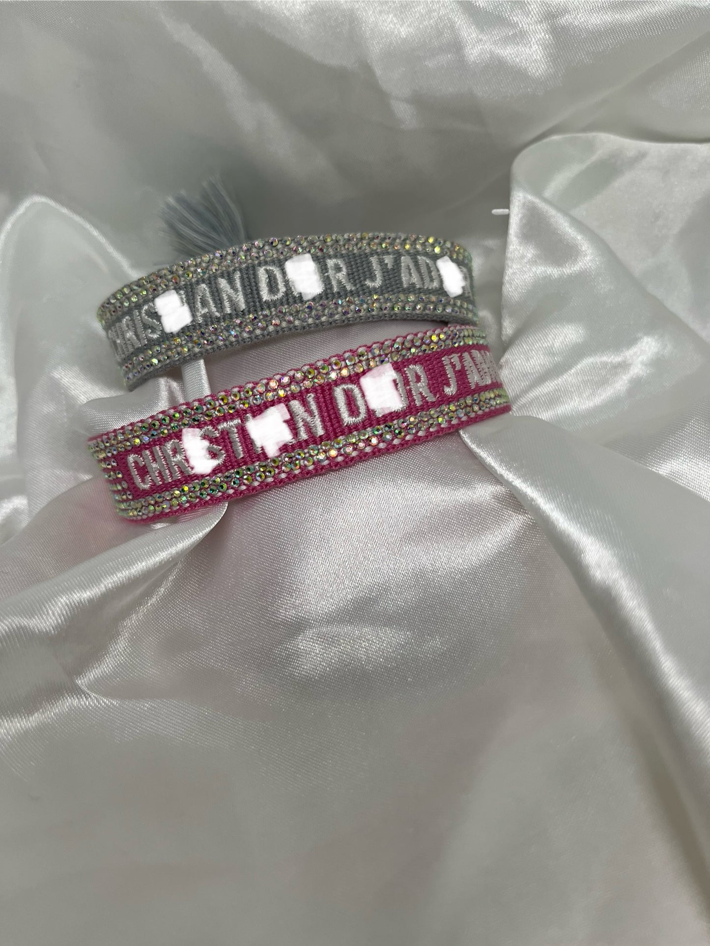 Pink or Silver diamanté D Tassel bracelet