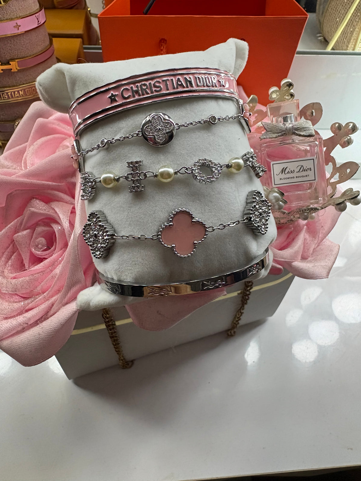 Silver pink diamanté stack