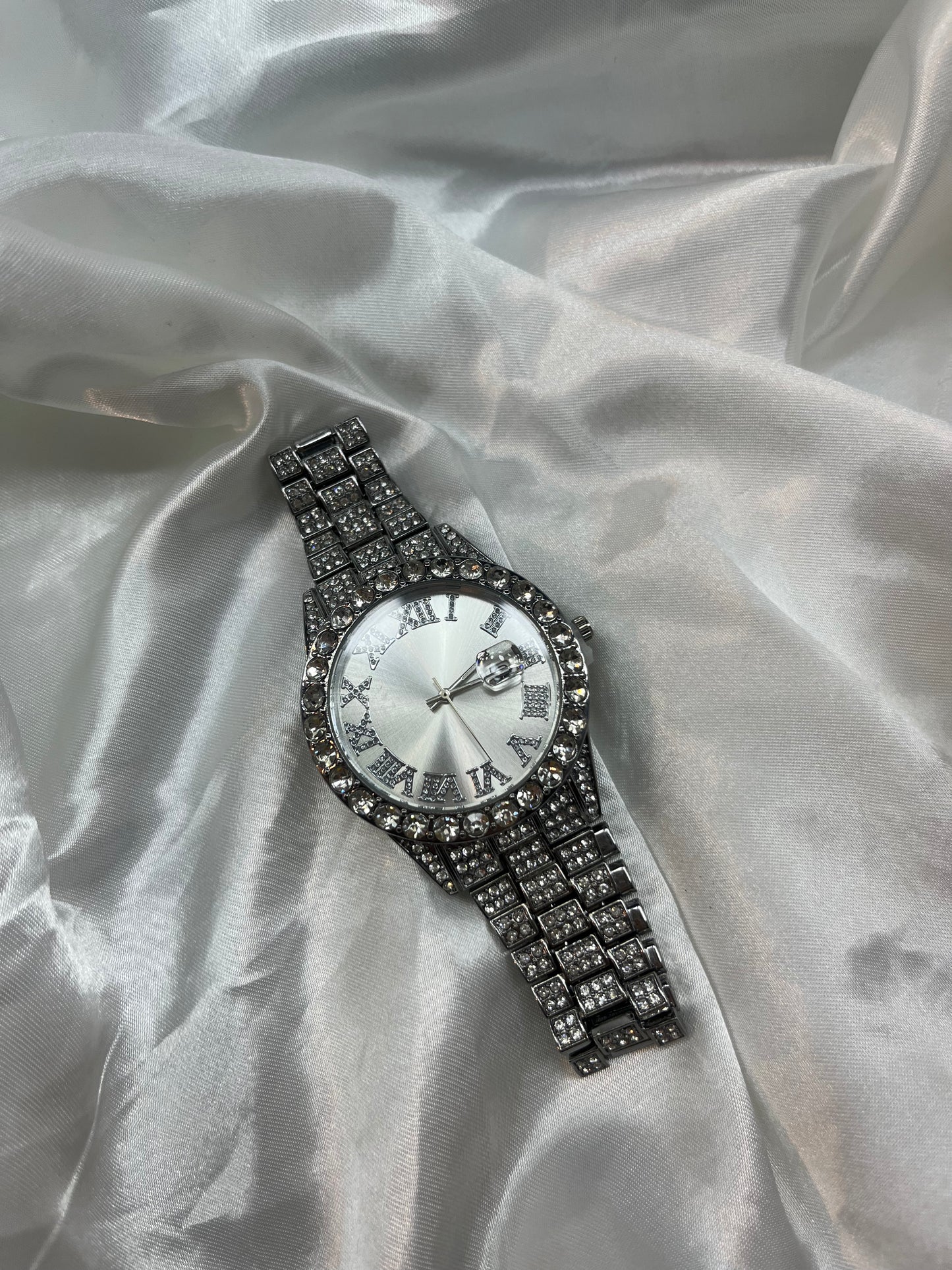 Silver diamanté white face watch