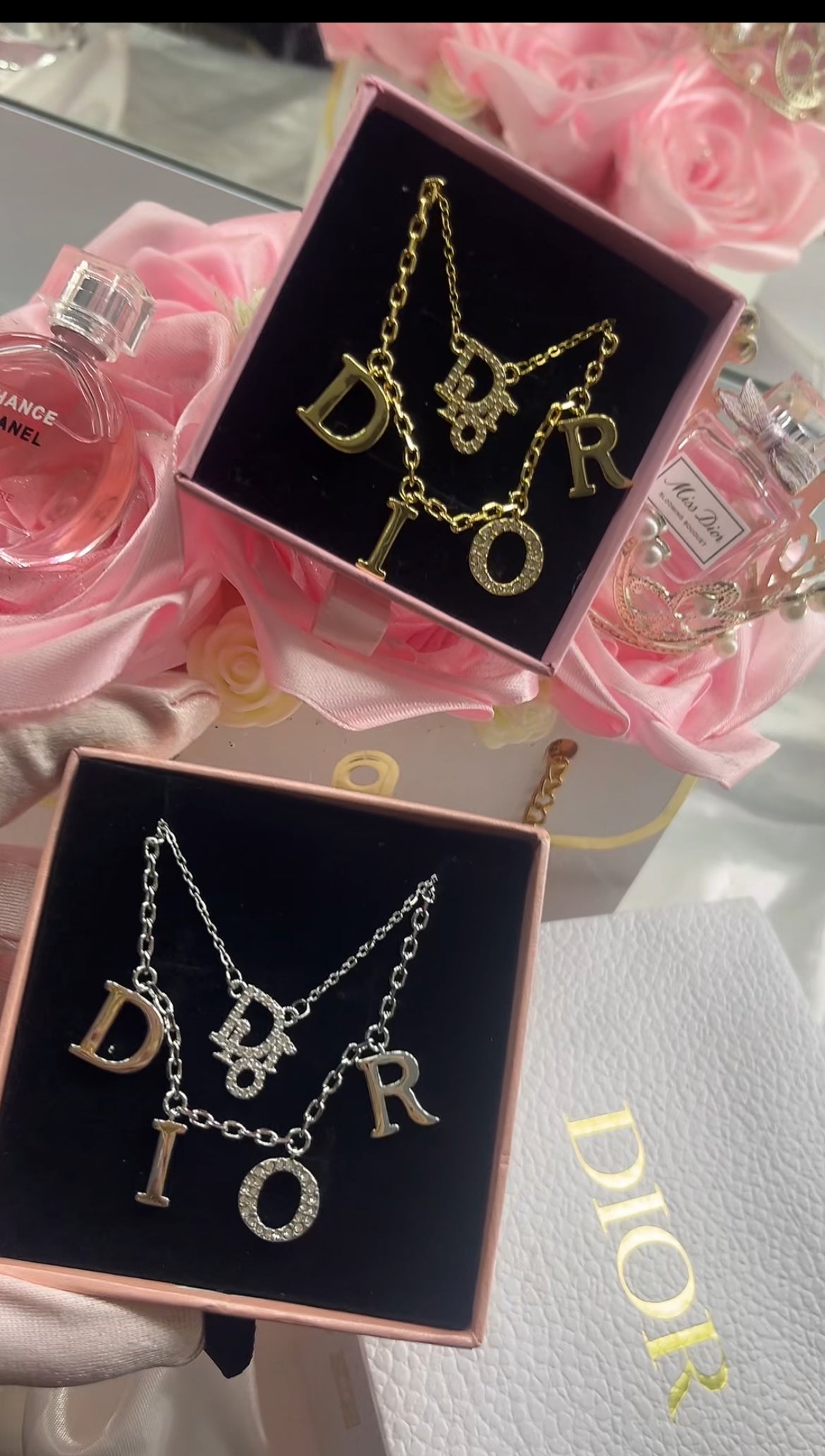 Gold or silver diamanté DD Duo necklace set