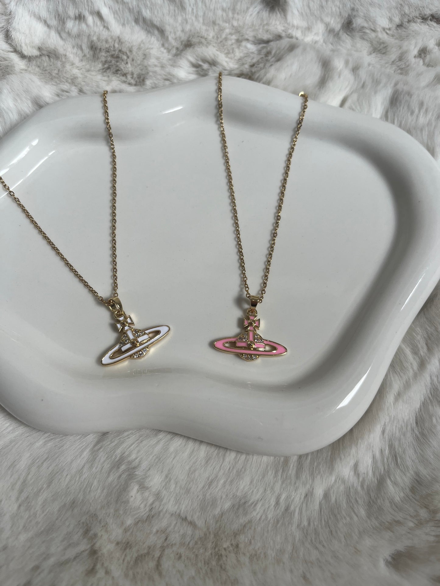 Gold white or pink diamanté planet necklace