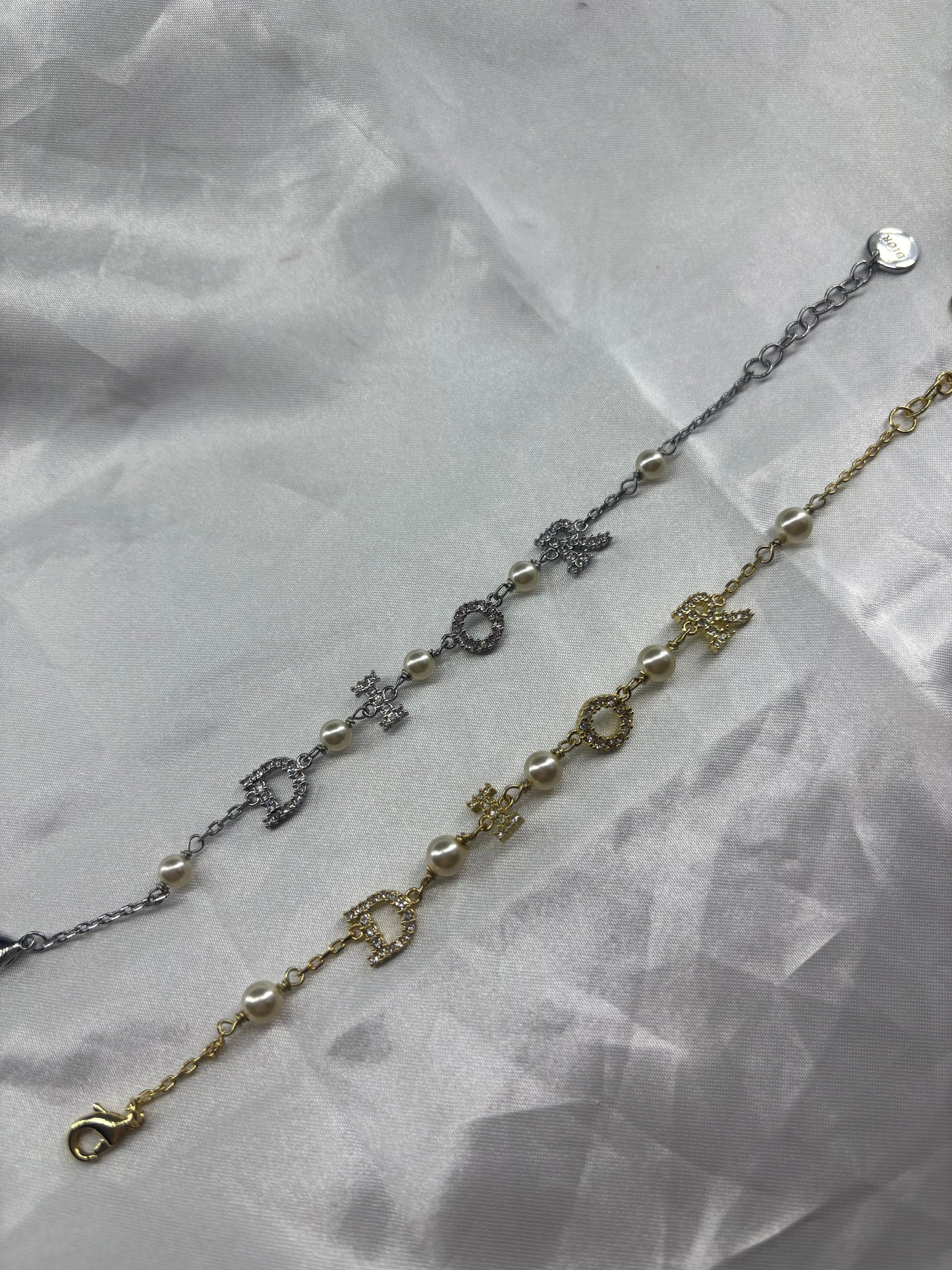 Gold or silver letter D pearl & Diamanté bracelet