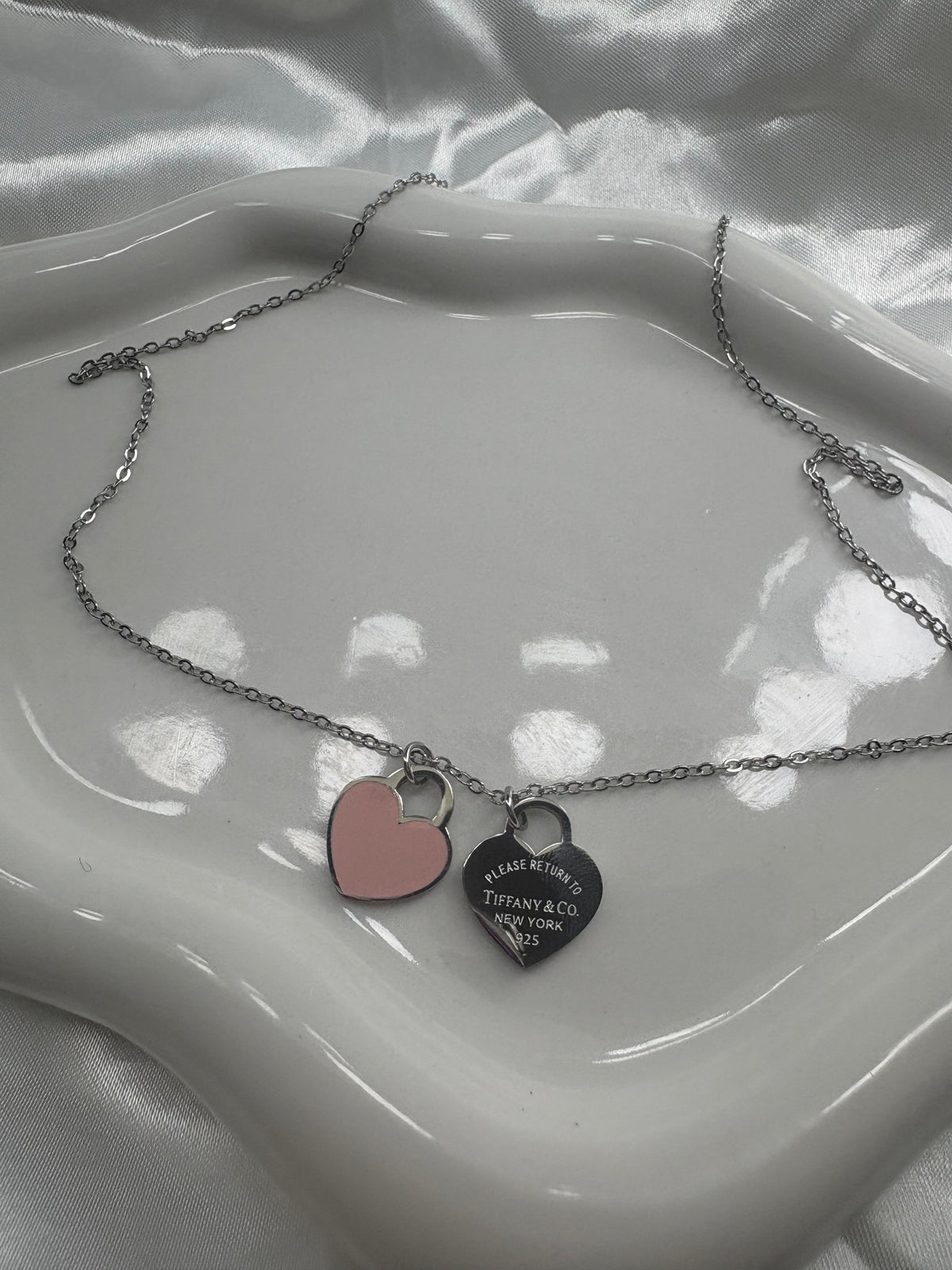 Silver 2 heart pink Tiff necklace