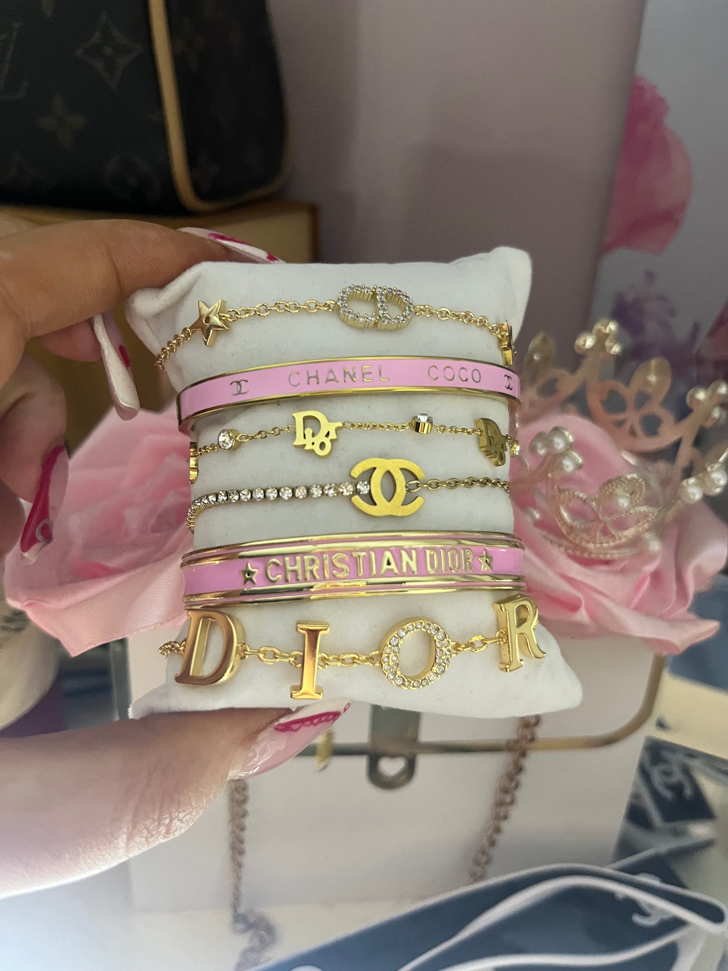 Gold pink luxury bracelet stack
