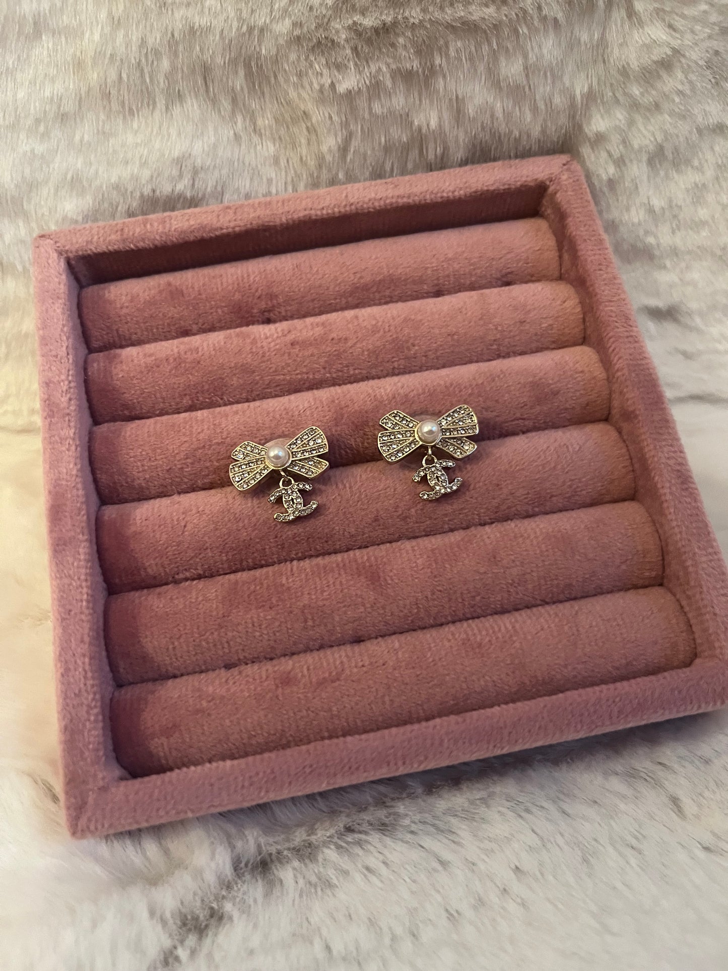 Gold diamanté pearl Cece bow earrings