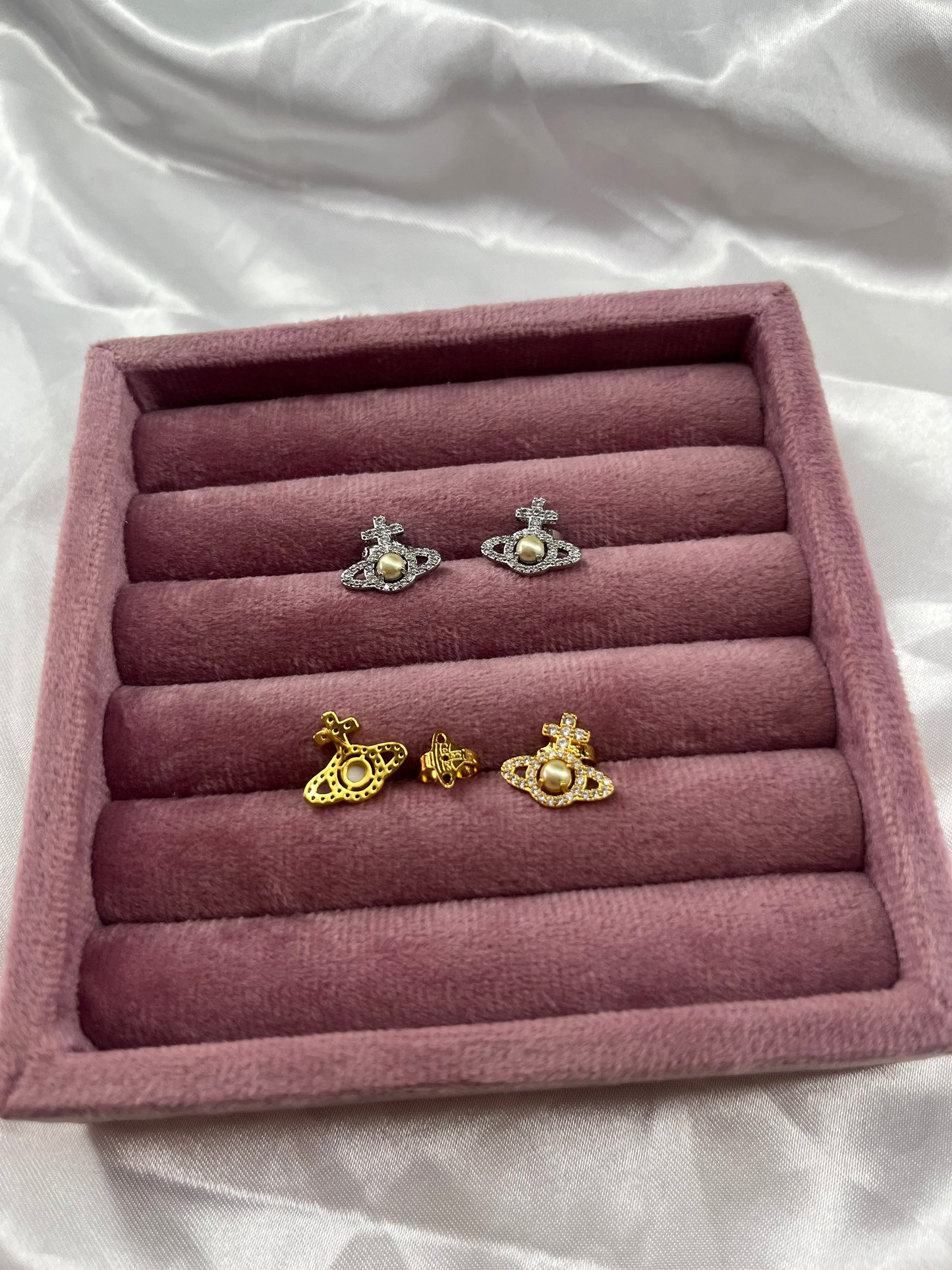 Gold or silver planet diamanté pearl earrings
