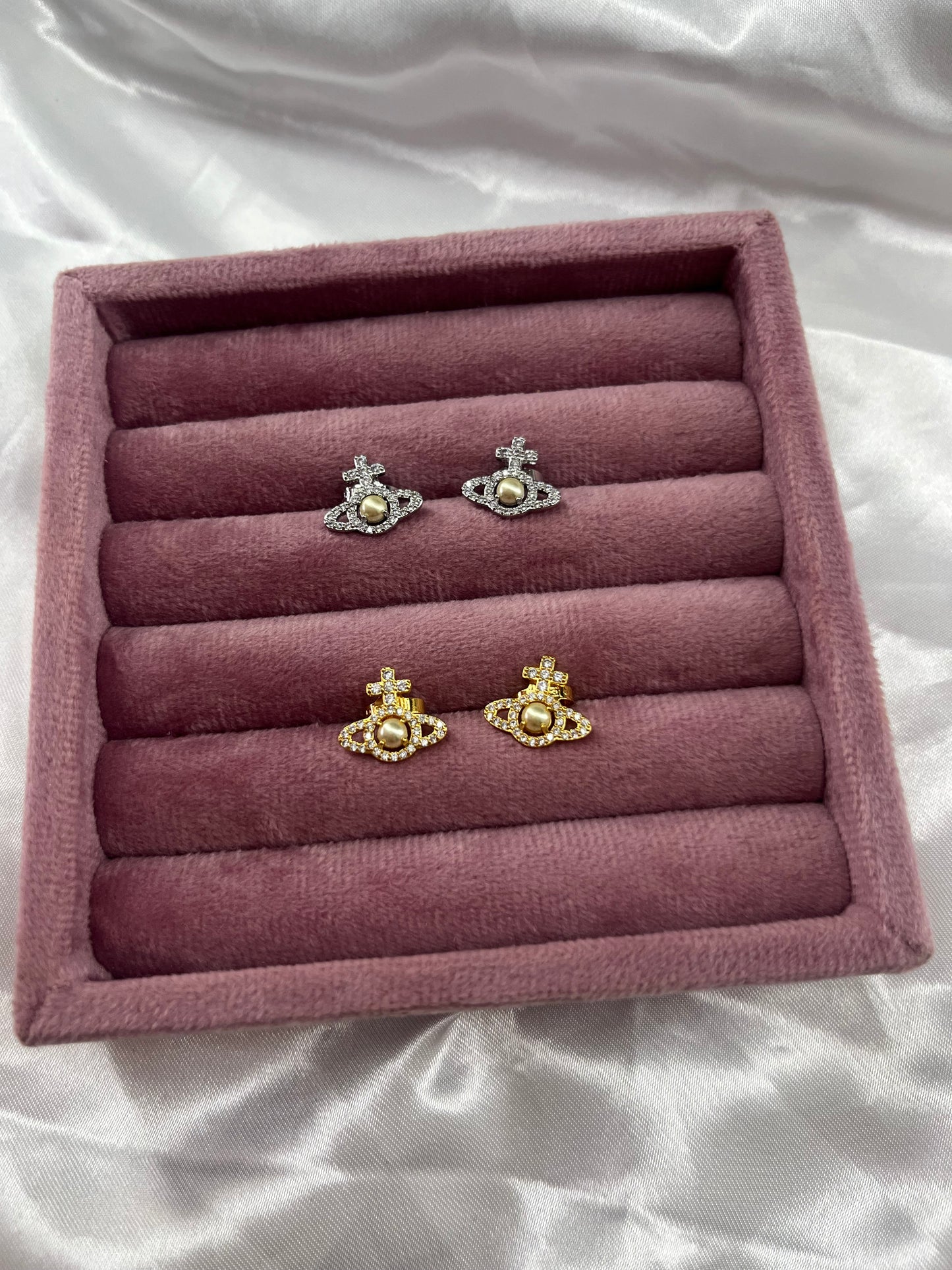 Gold or silver planet diamanté pearl earrings