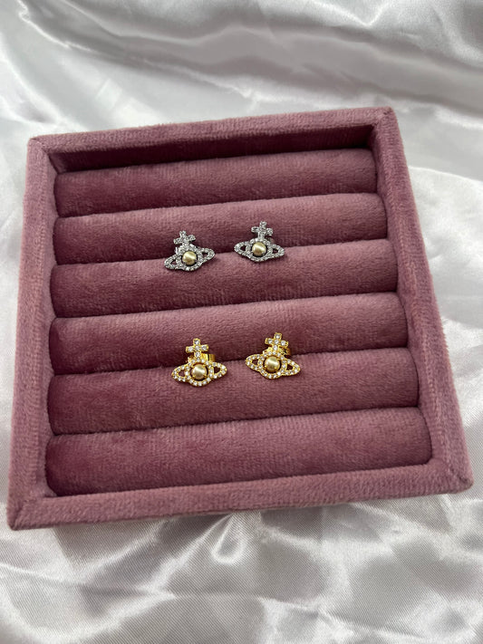 Gold or silver planet diamanté pearl earrings