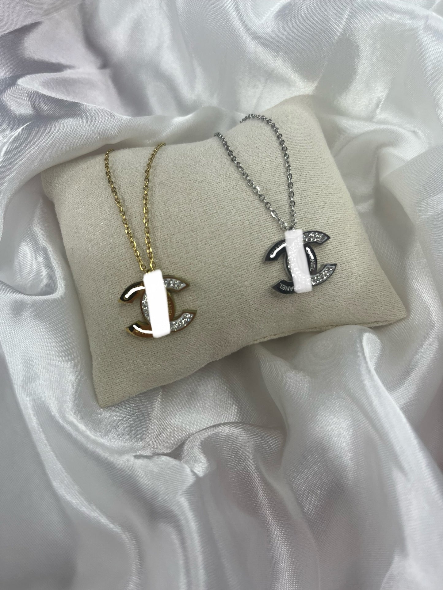 Gold or silver half diamanté half plain writing cece necklace