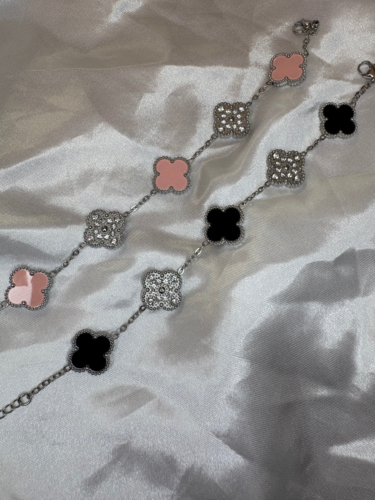 Silver clover pink or black diamanté Bracelet