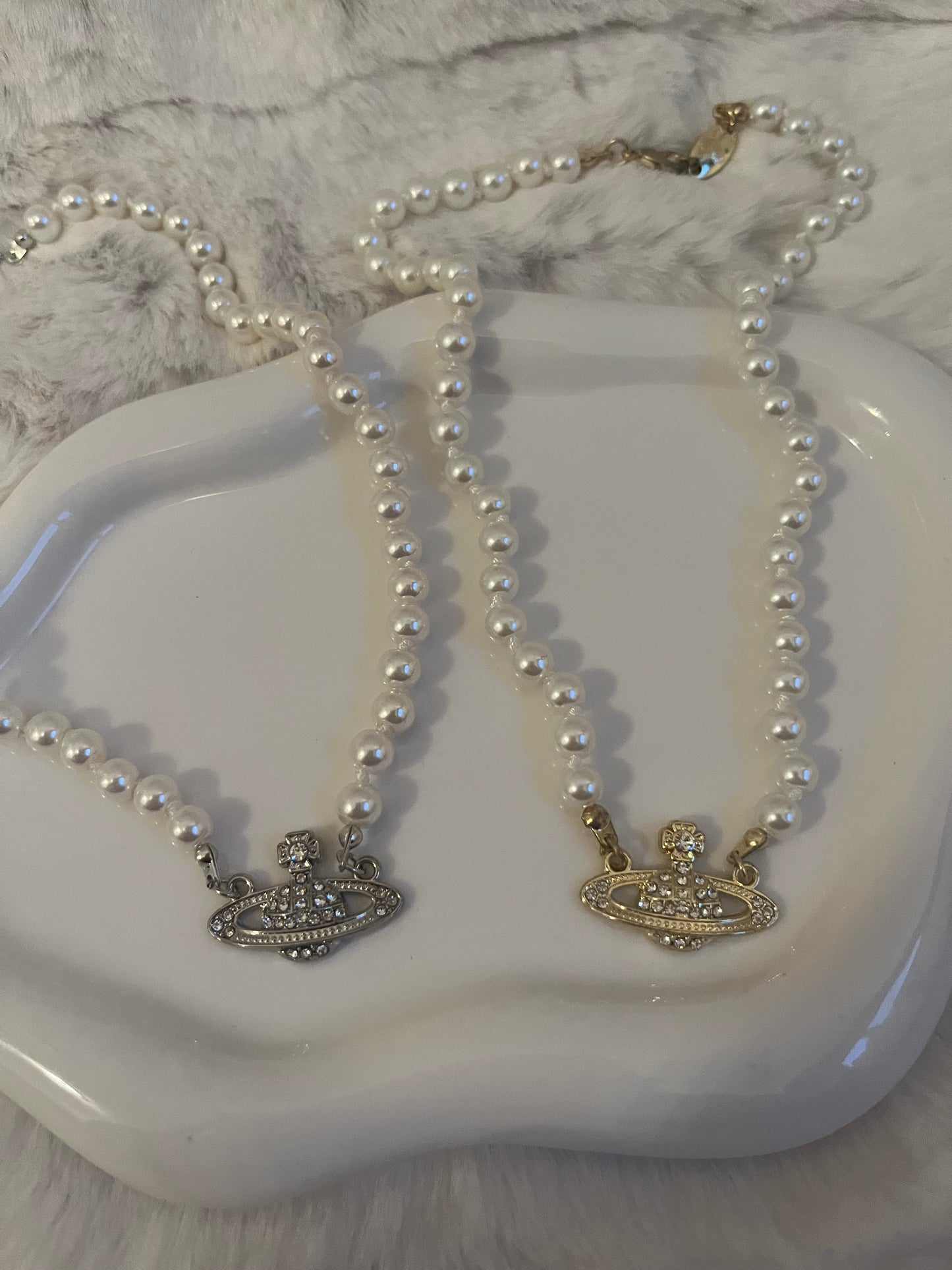 Gold or silver pearl diamanté planet necklace