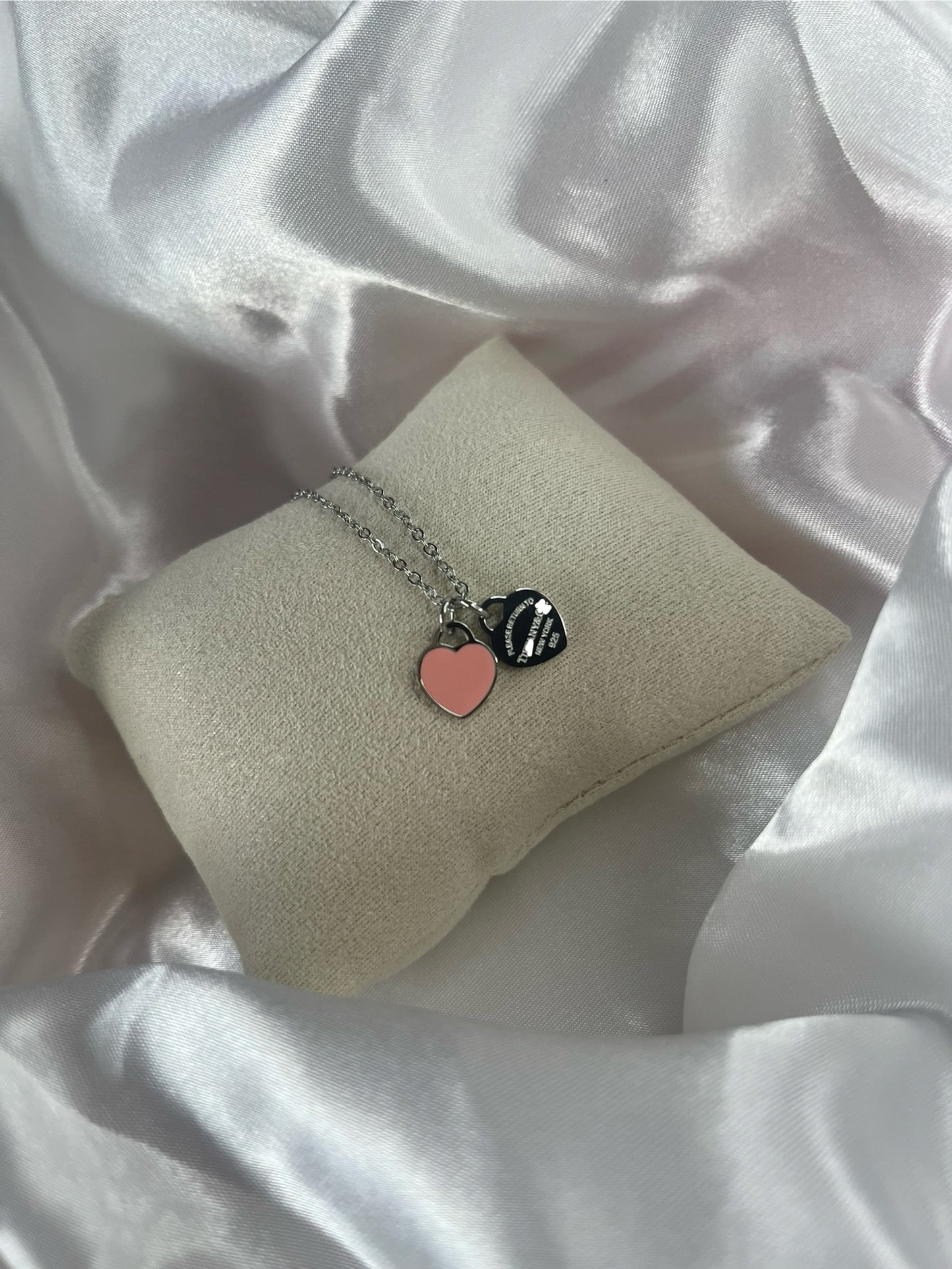 Silver 2 heart pink tiff necklace