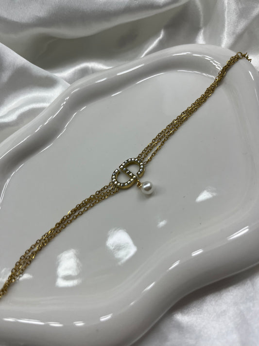Gold 3 layer diamond pearl DD bracelet