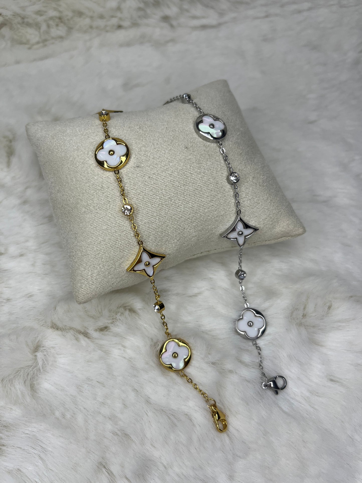 Gold or silver dainty white clover diamond bracelet
