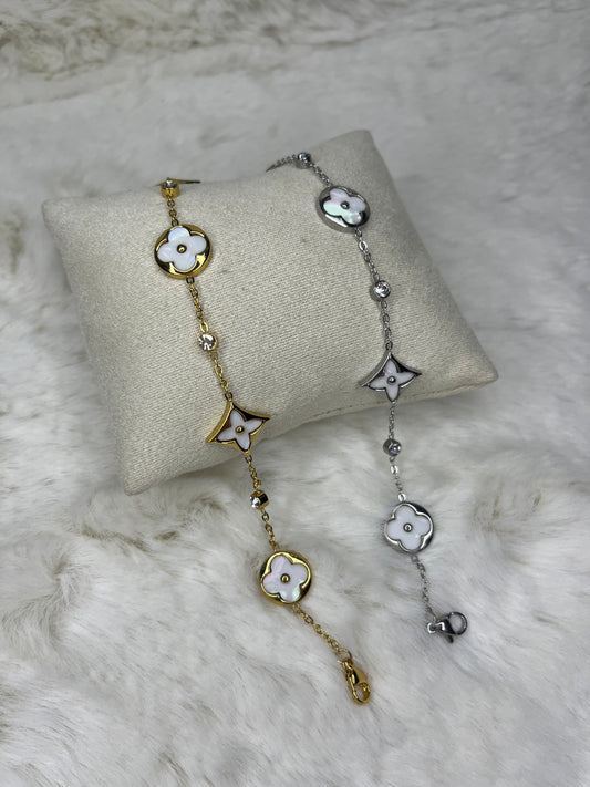 Gold or silver dainty white clover diamond bracelet
