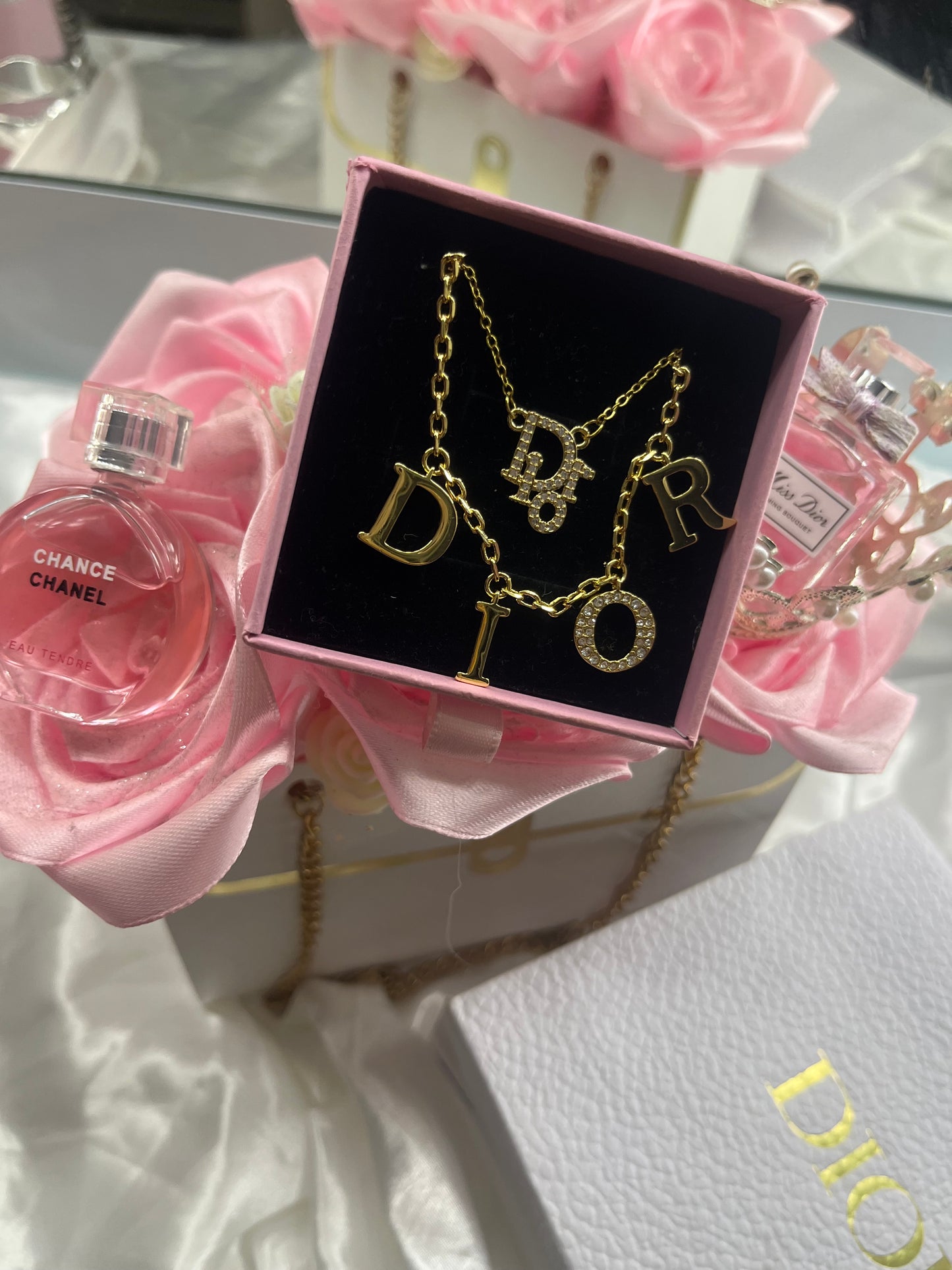 Gold or silver diamanté DD Duo necklace set