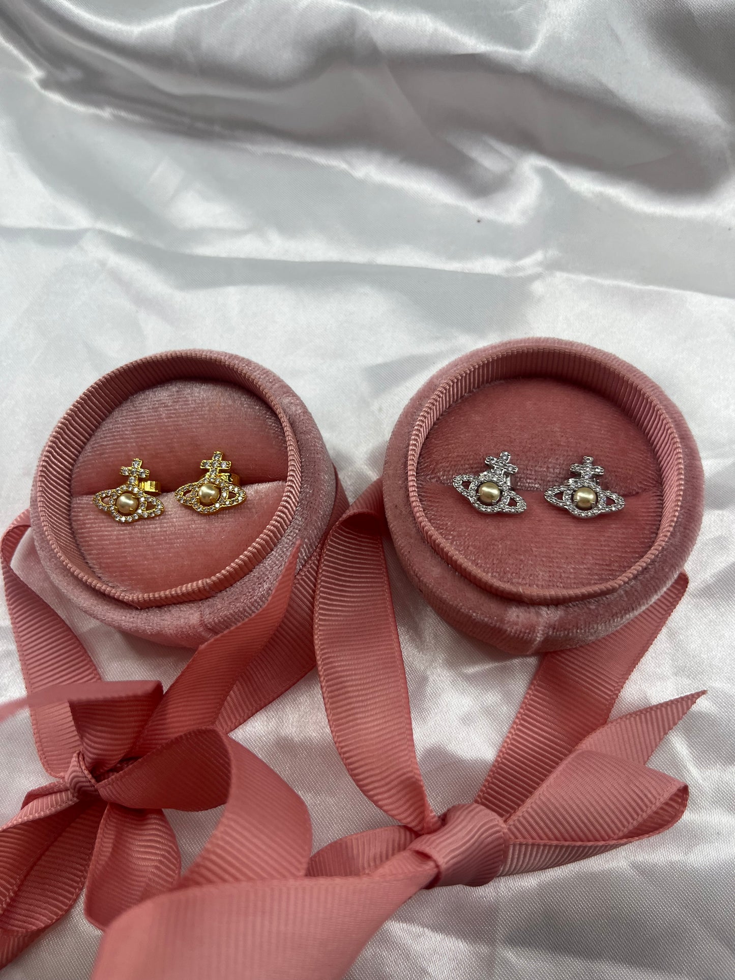 Gold or silver planet diamanté pearl earrings