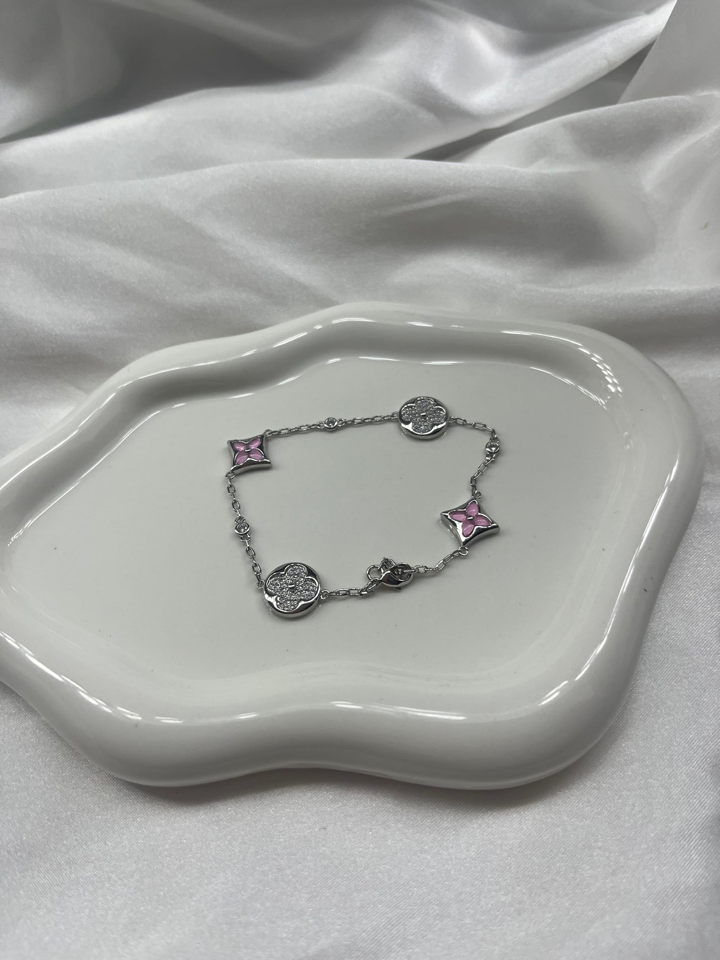 Silver pink diamanté clover bracelet