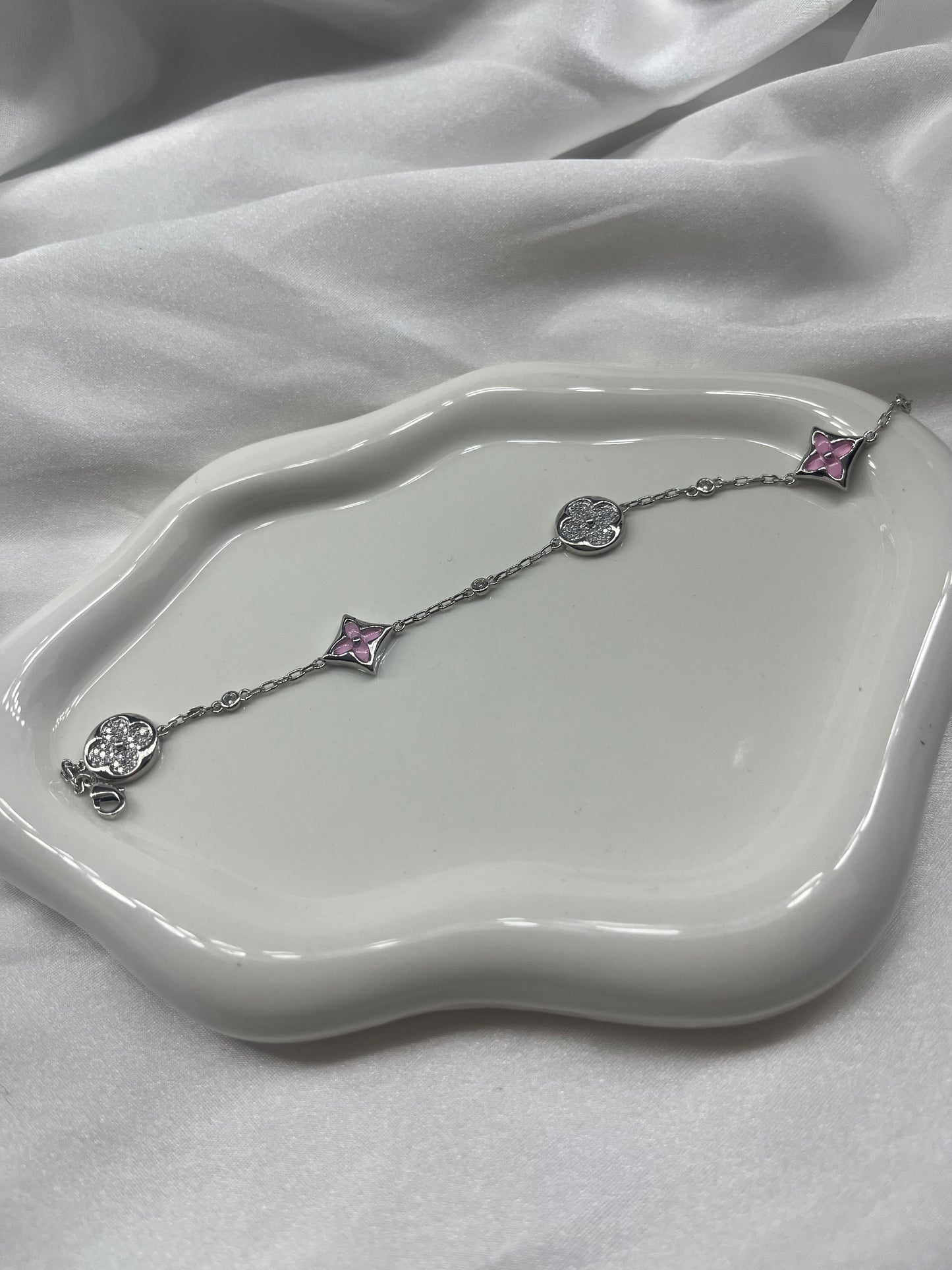Silver pink diamanté clover bracelet