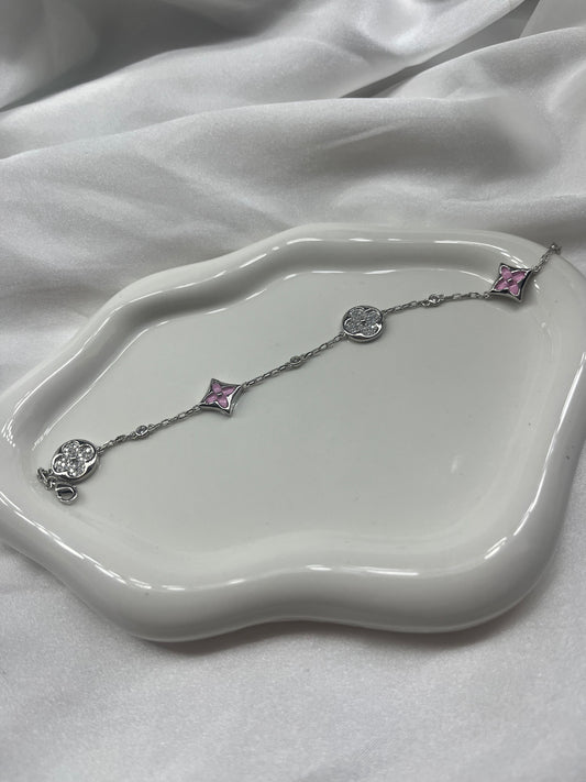 Silver pink diamanté clover bracelet