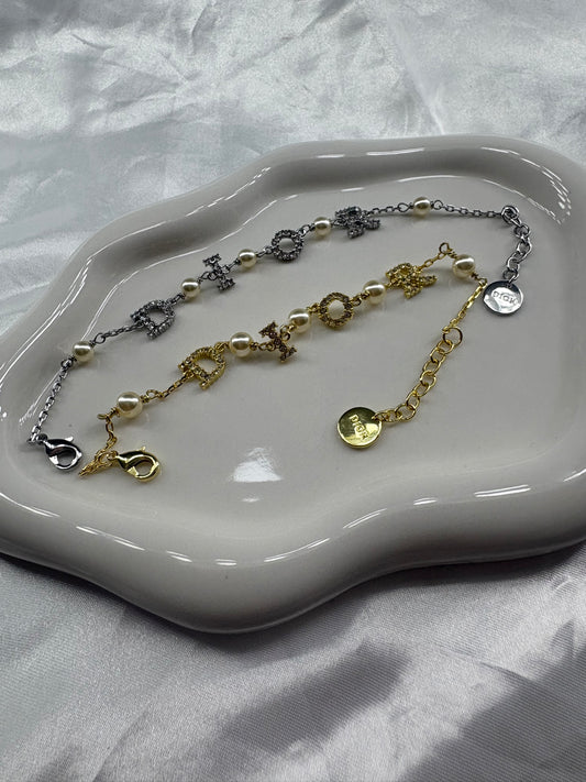Gold or silver letter D pearl & Diamanté bracelet