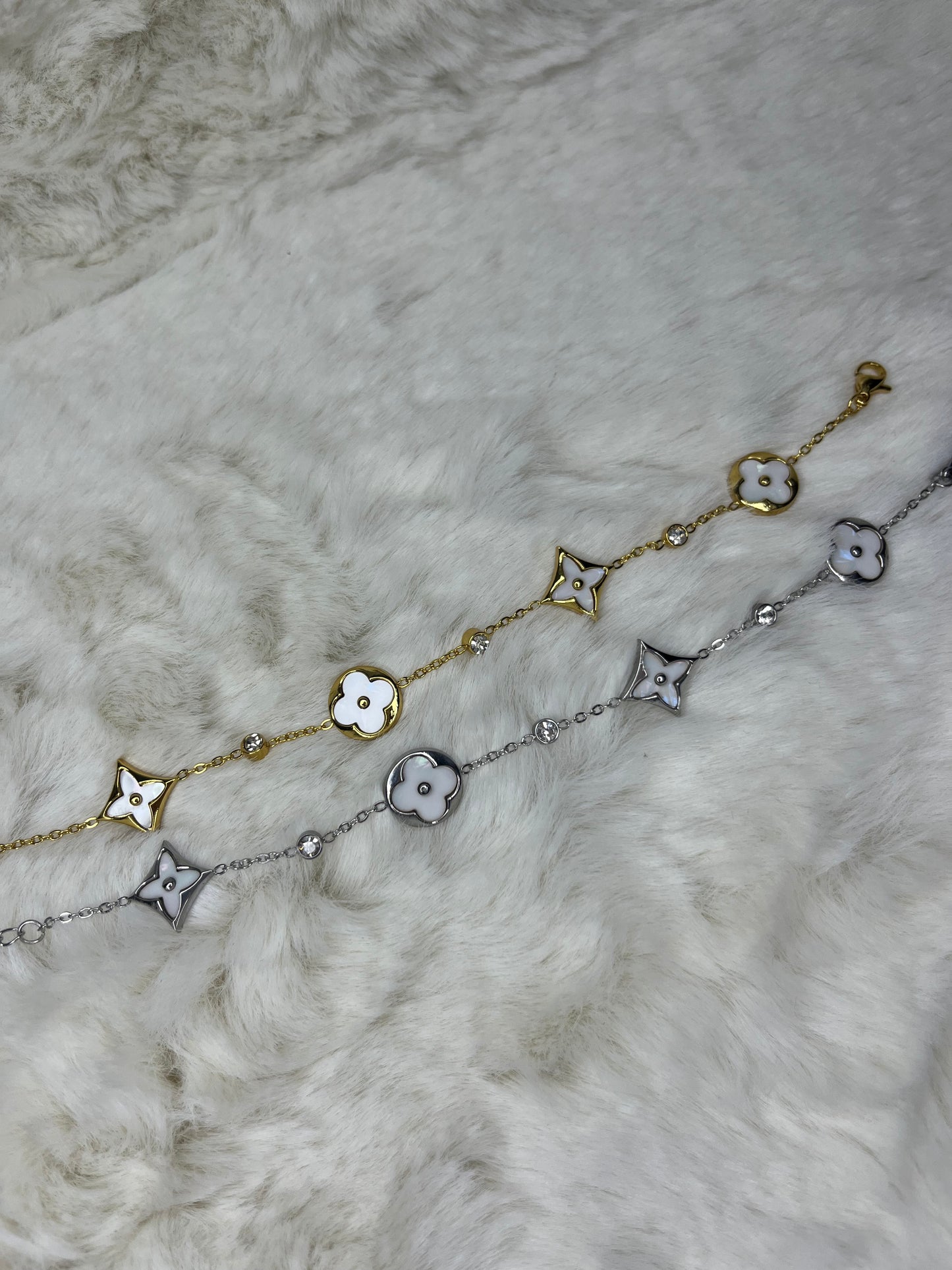 Gold or silver dainty white clover diamond bracelet