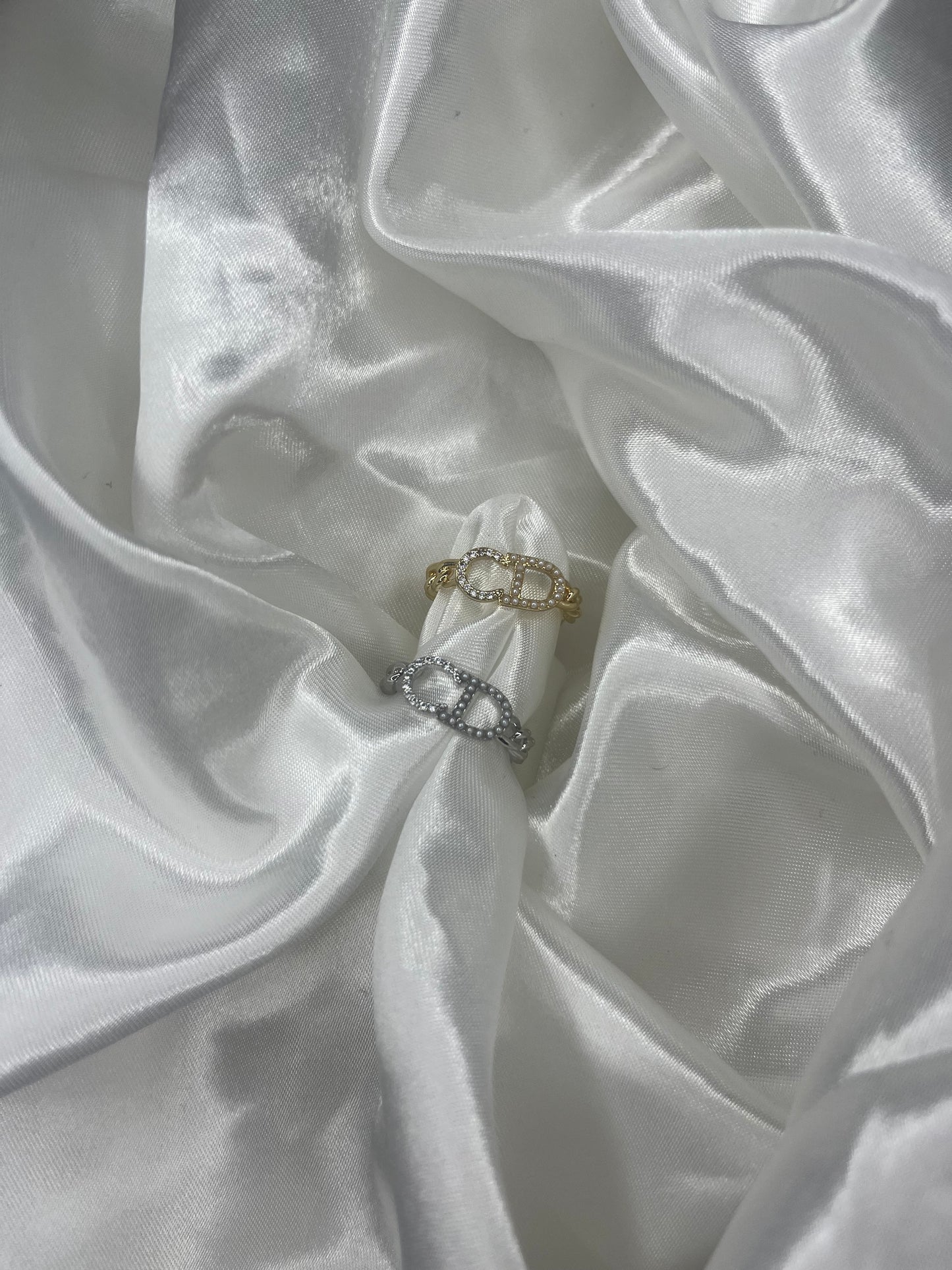 Gold or silver DD adjustable pearl+Diamond rings