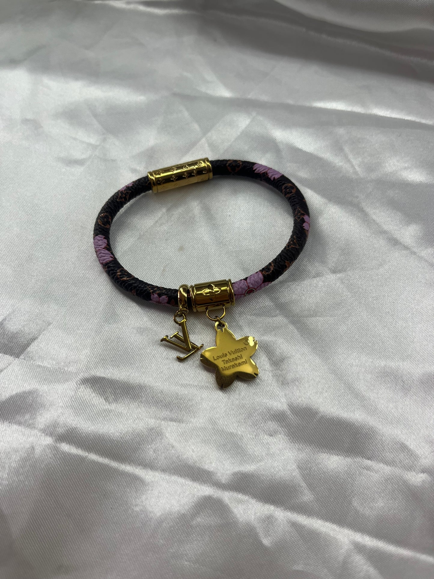 Gold brown pink flower luvu bangle