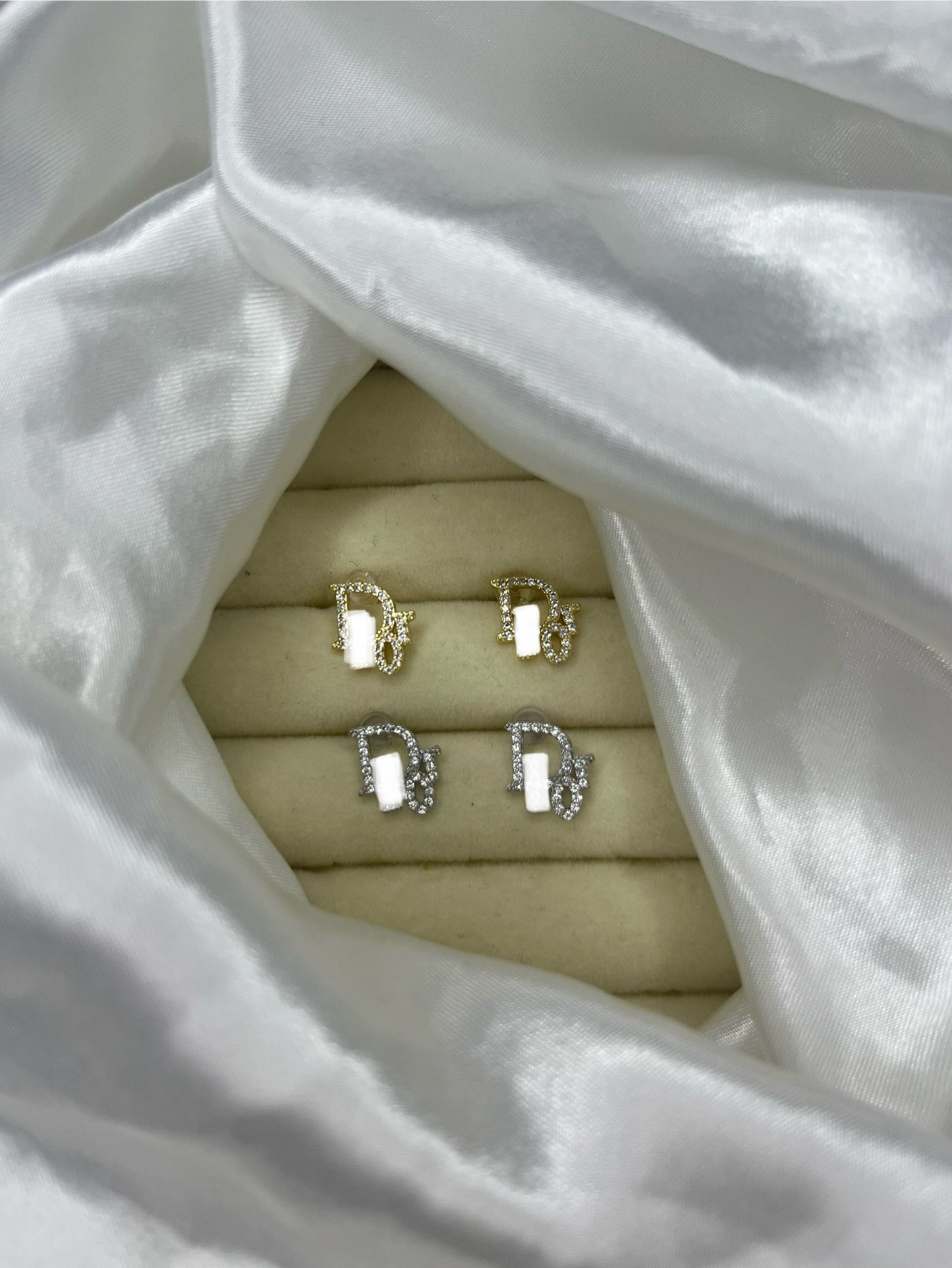 Gold or silver dainty diamanté DD earrings