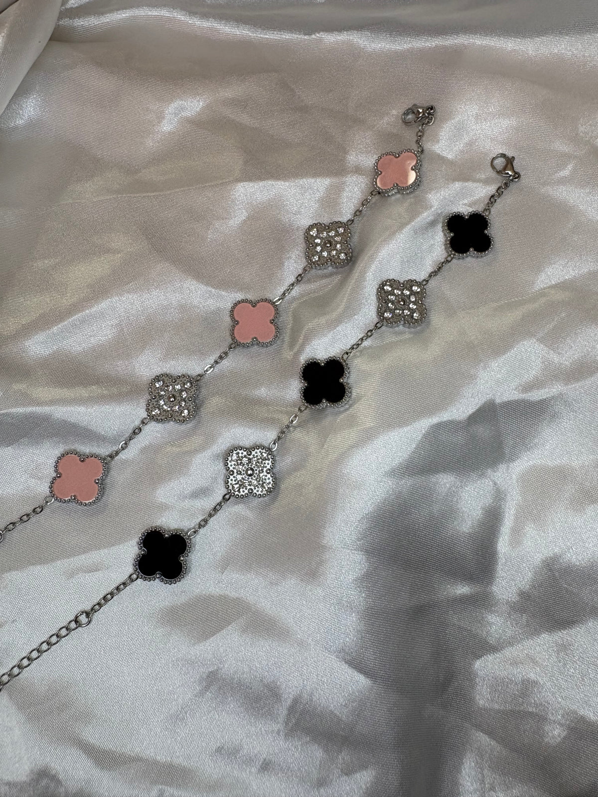Silver clover pink or black diamanté Bracelet