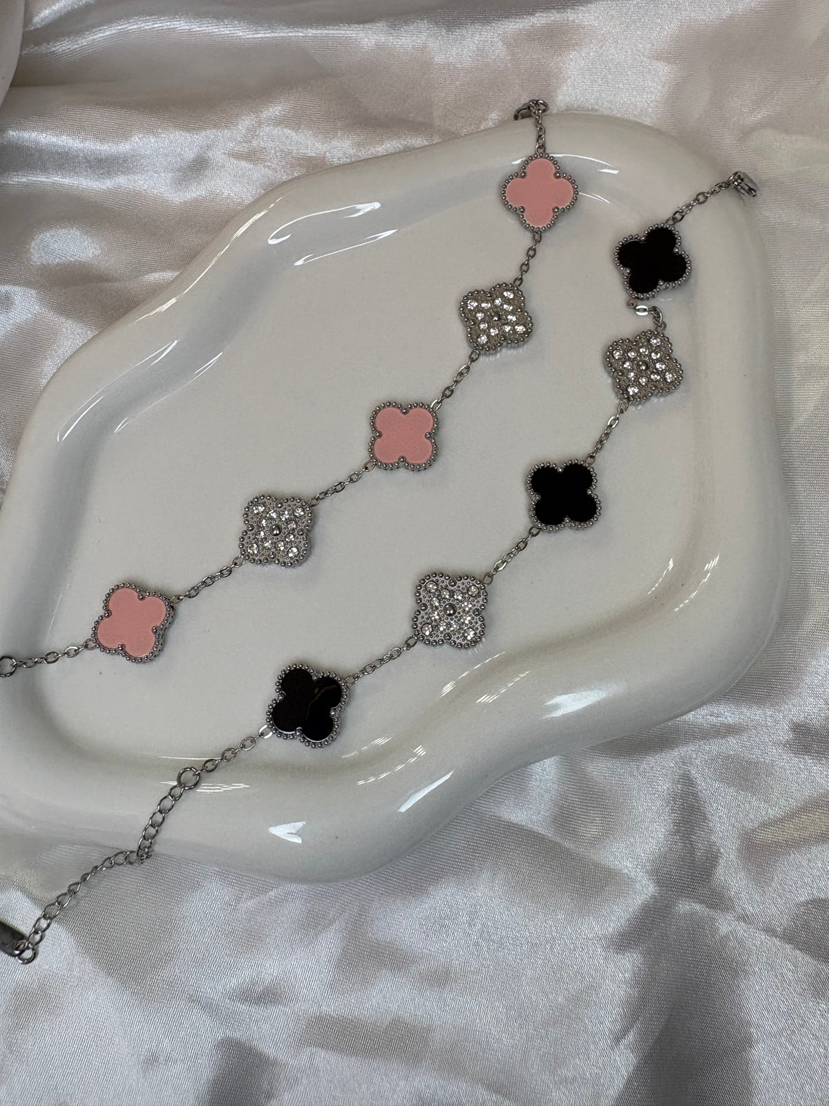 Silver clover pink or black diamanté Bracelet