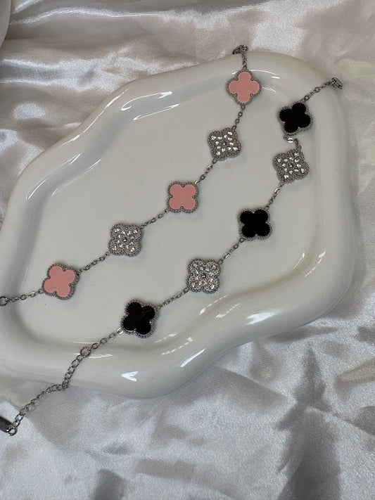 Silver clover pink or black diamanté Bracelet