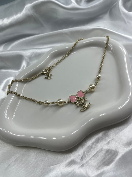 Gold pink bow Pearl cece necklace