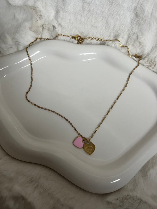 Gold double 2Heart tiff pink necklace