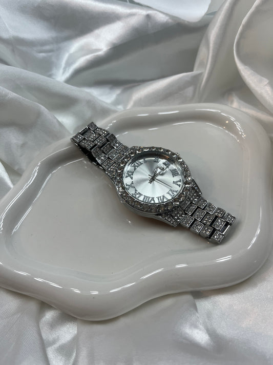 Silver diamanté white face watch