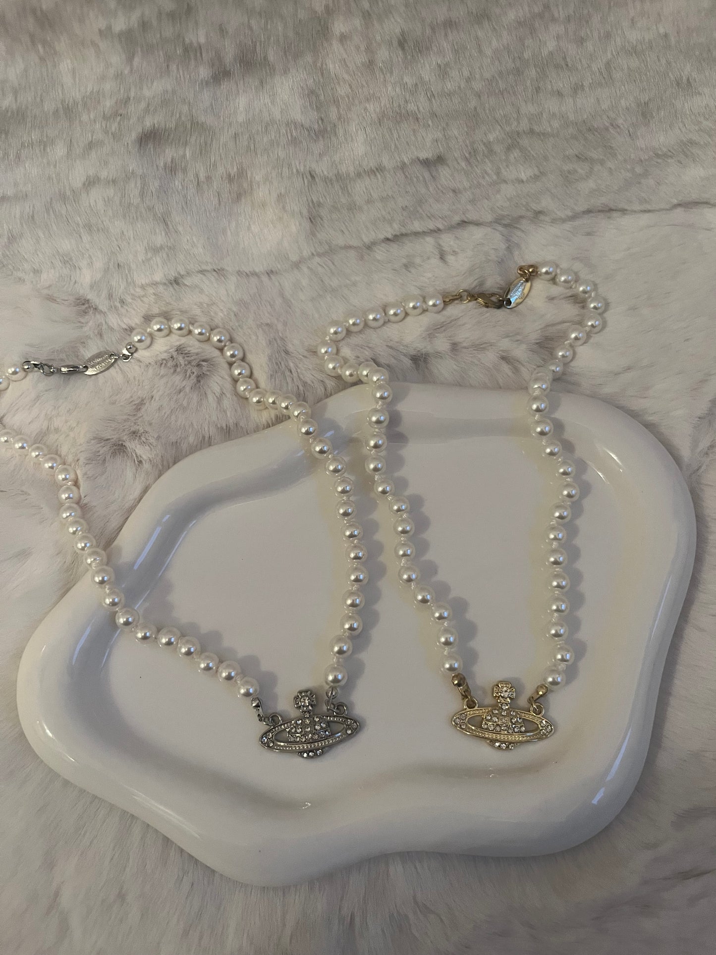 Gold or silver pearl diamanté planet necklace