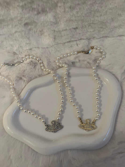 Gold or silver pearl diamanté planet necklace