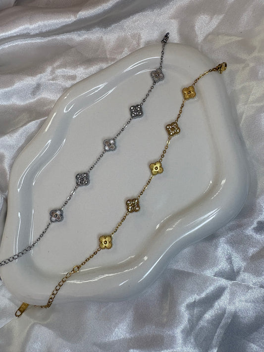 Mini dainty Clover Gold or Silver Diamanté Bracelet
