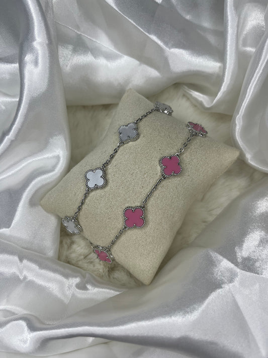 Silver pink or white clover bracelet