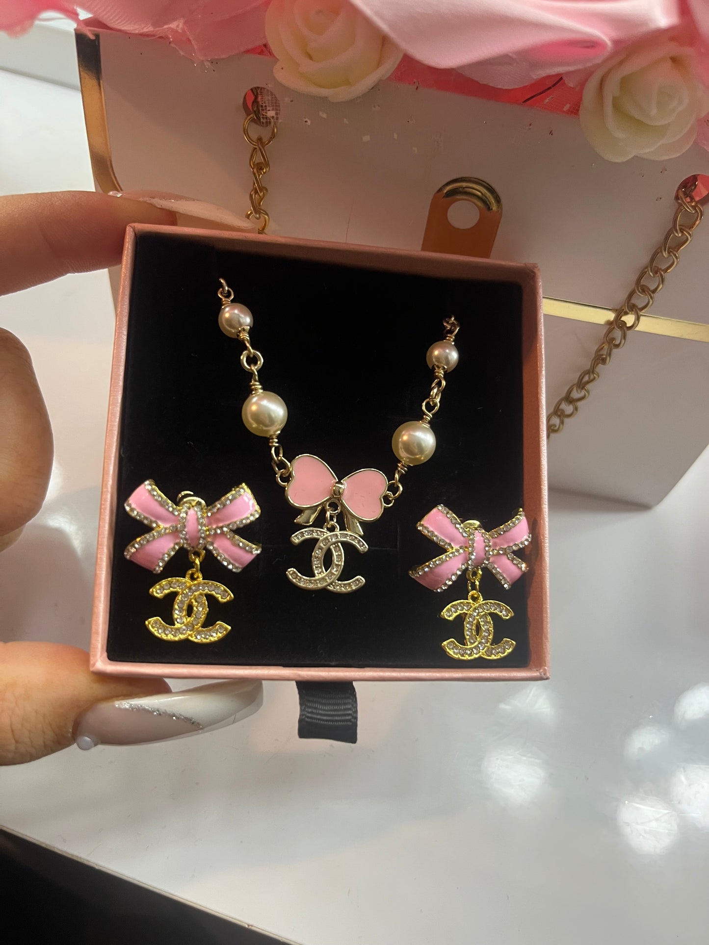 Pretty Gold Pink Bow Cece Set