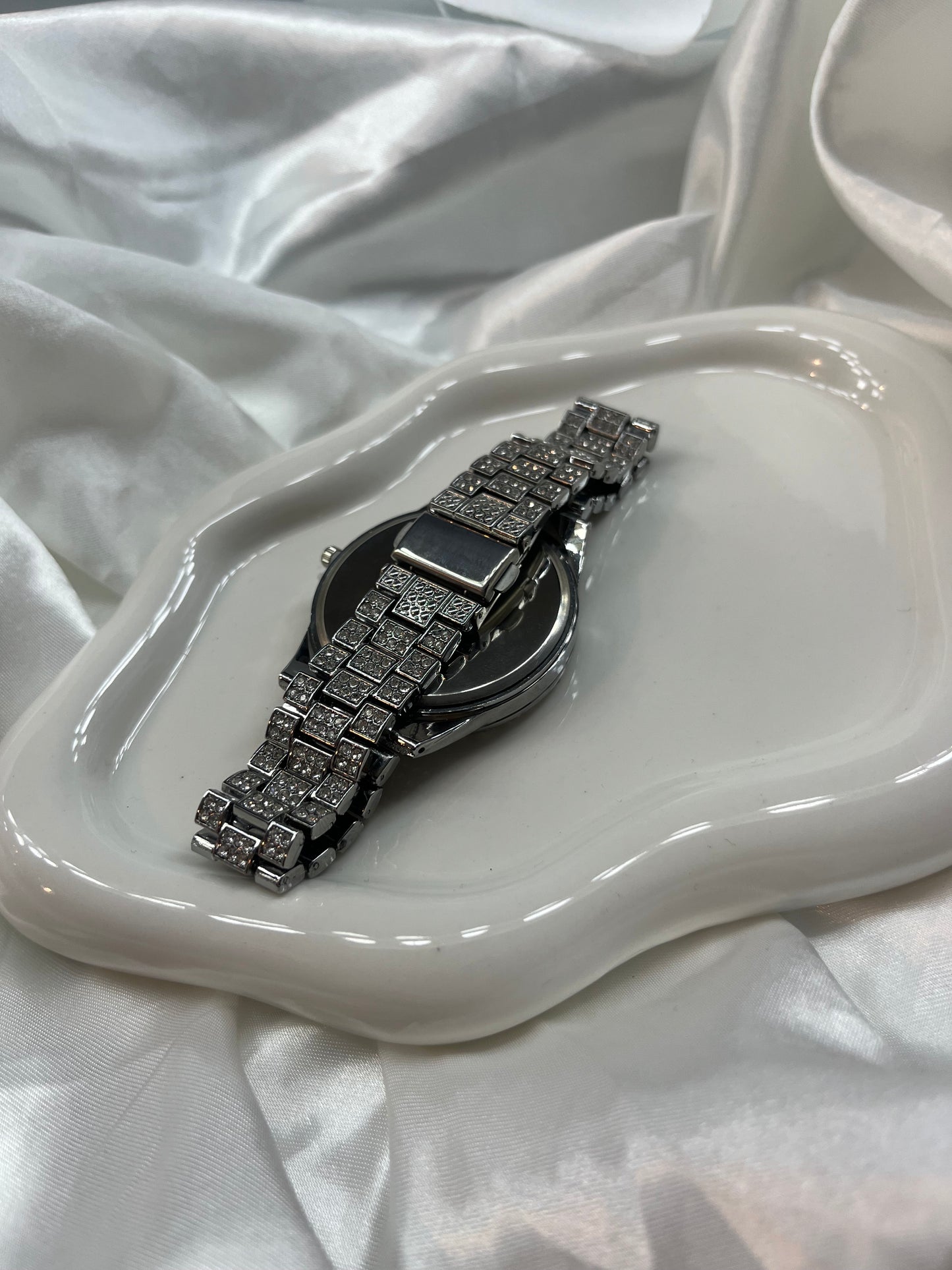 Silver diamanté white face watch