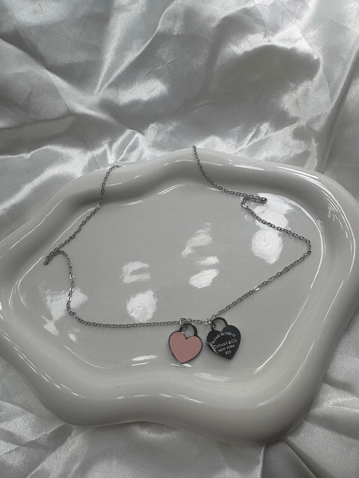 Silver 2 heart pink Tiff necklace