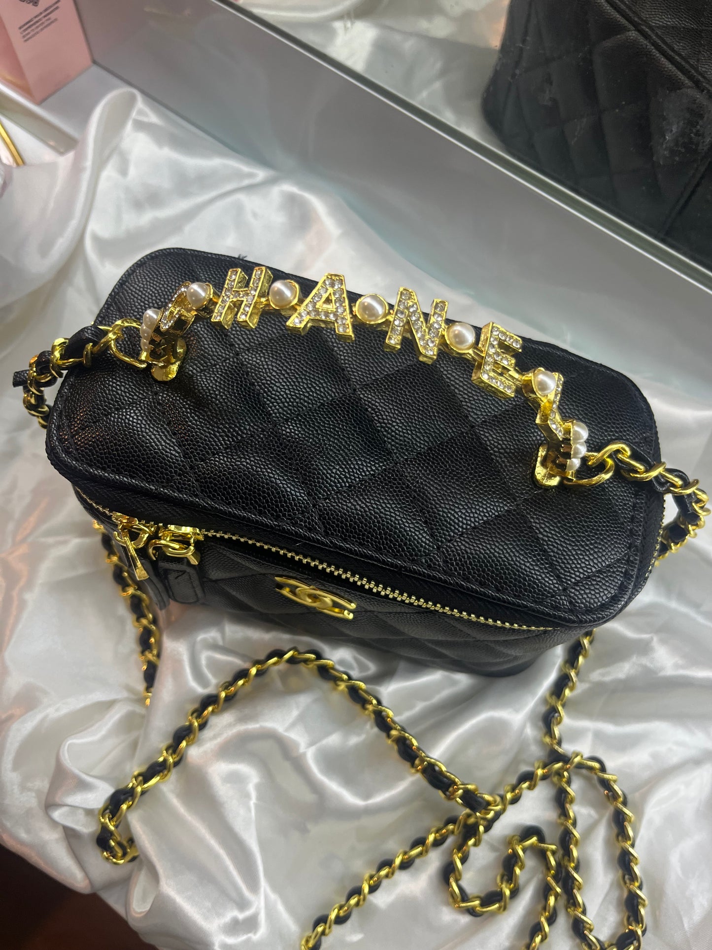Gold black cece pearl diamanté handle crossbody bag