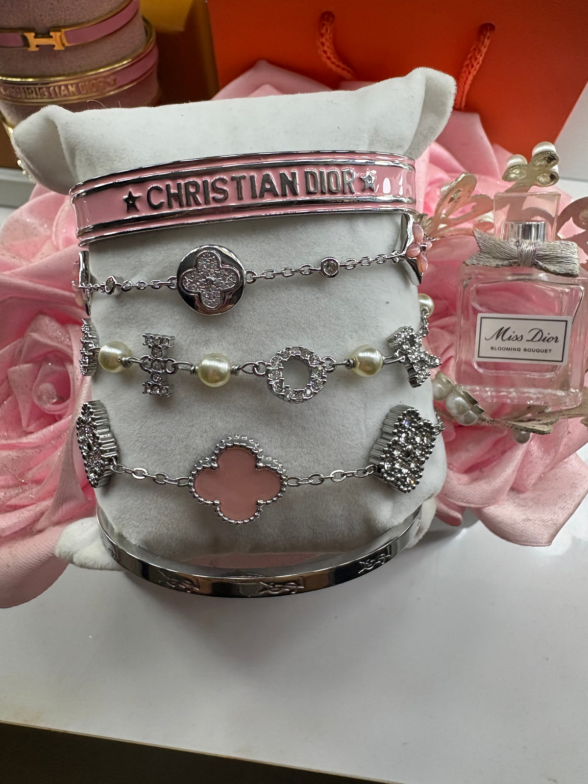 Silver pink diamanté stack
