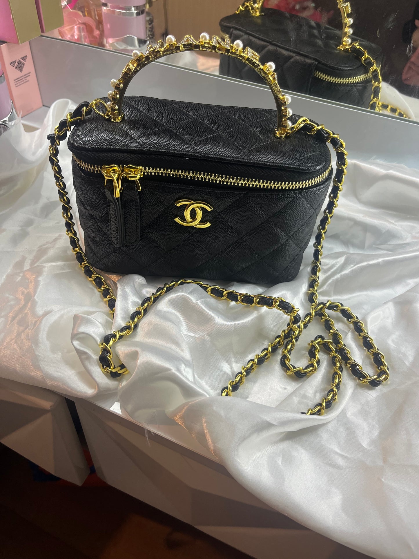 Gold black cece pearl diamanté handle crossbody bag