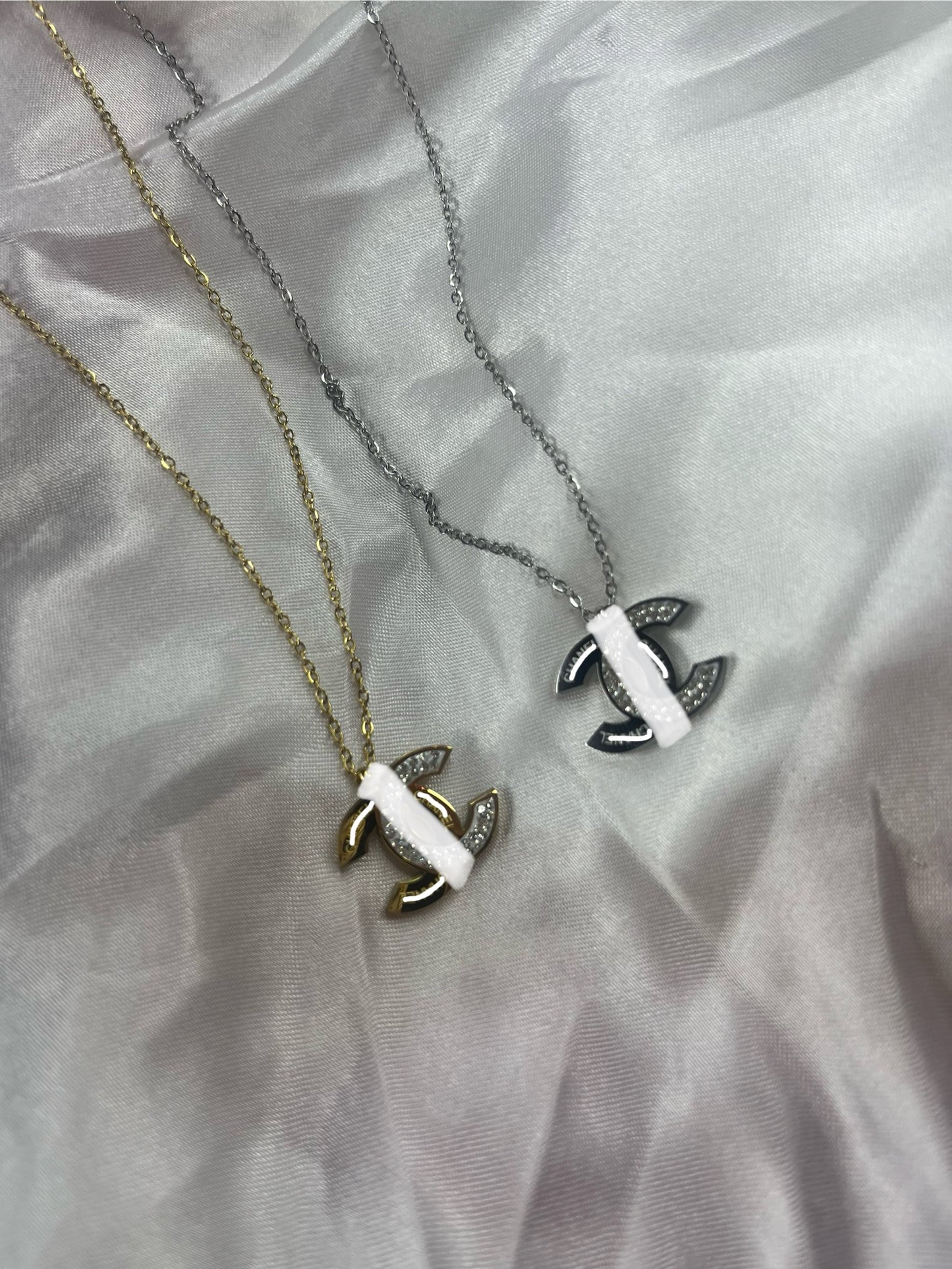 Gold or silver half diamanté half plain writing cece necklace