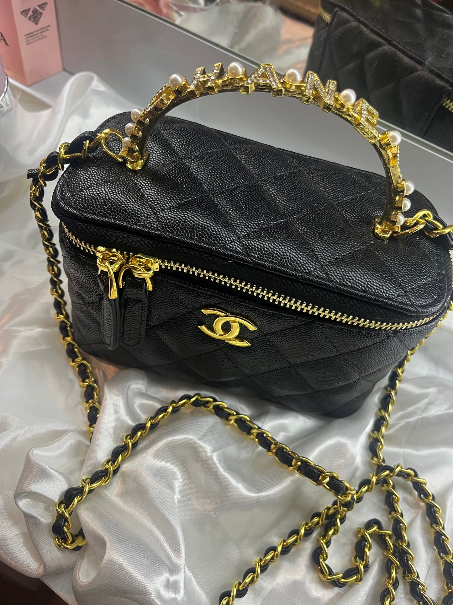 Gold black cece pearl diamanté handle crossbody bag